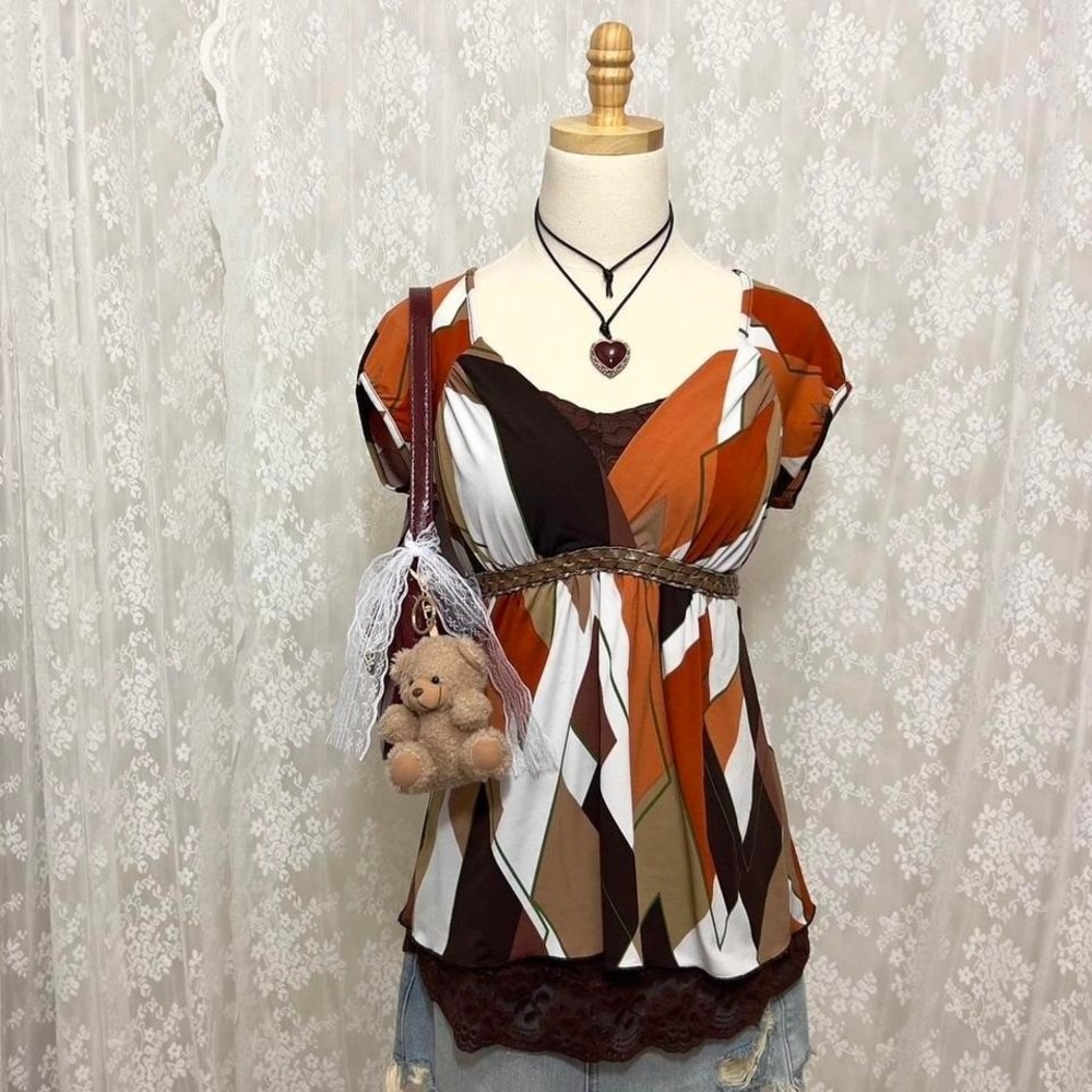 Vintage Y2K Candies Babydoll Geometric Top‎ Boho Womens L Festival Brown/Orange